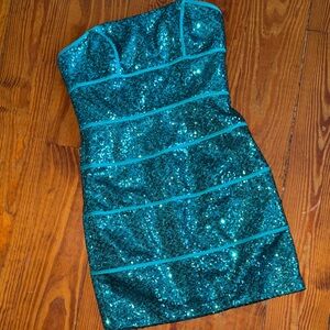 Turquoise Sequin Strapless Dress